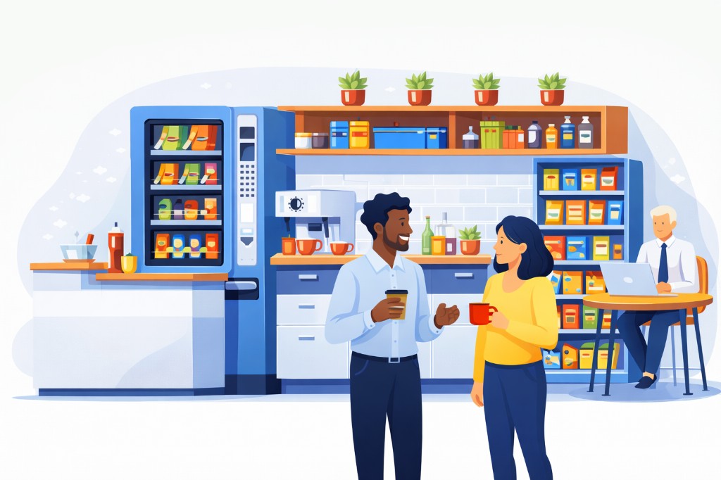 Modern office pantry with coffee station, snacks, and seating